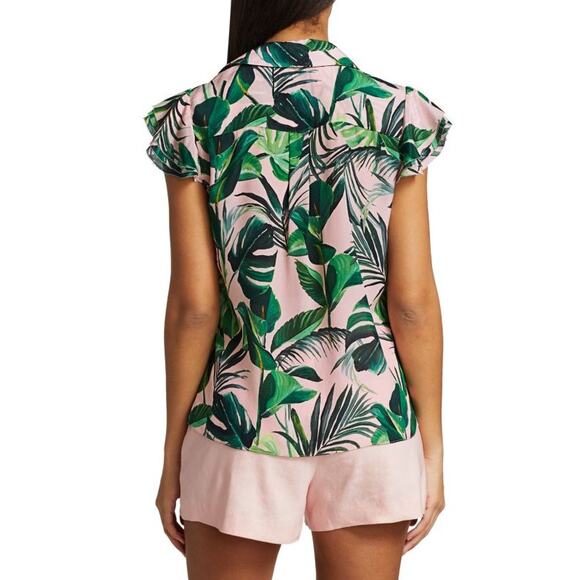 Alice + Olivia Randa Short Sleeve Ruffle Henley Top 100% Silk Size M Preowned - Picture 2 of 14